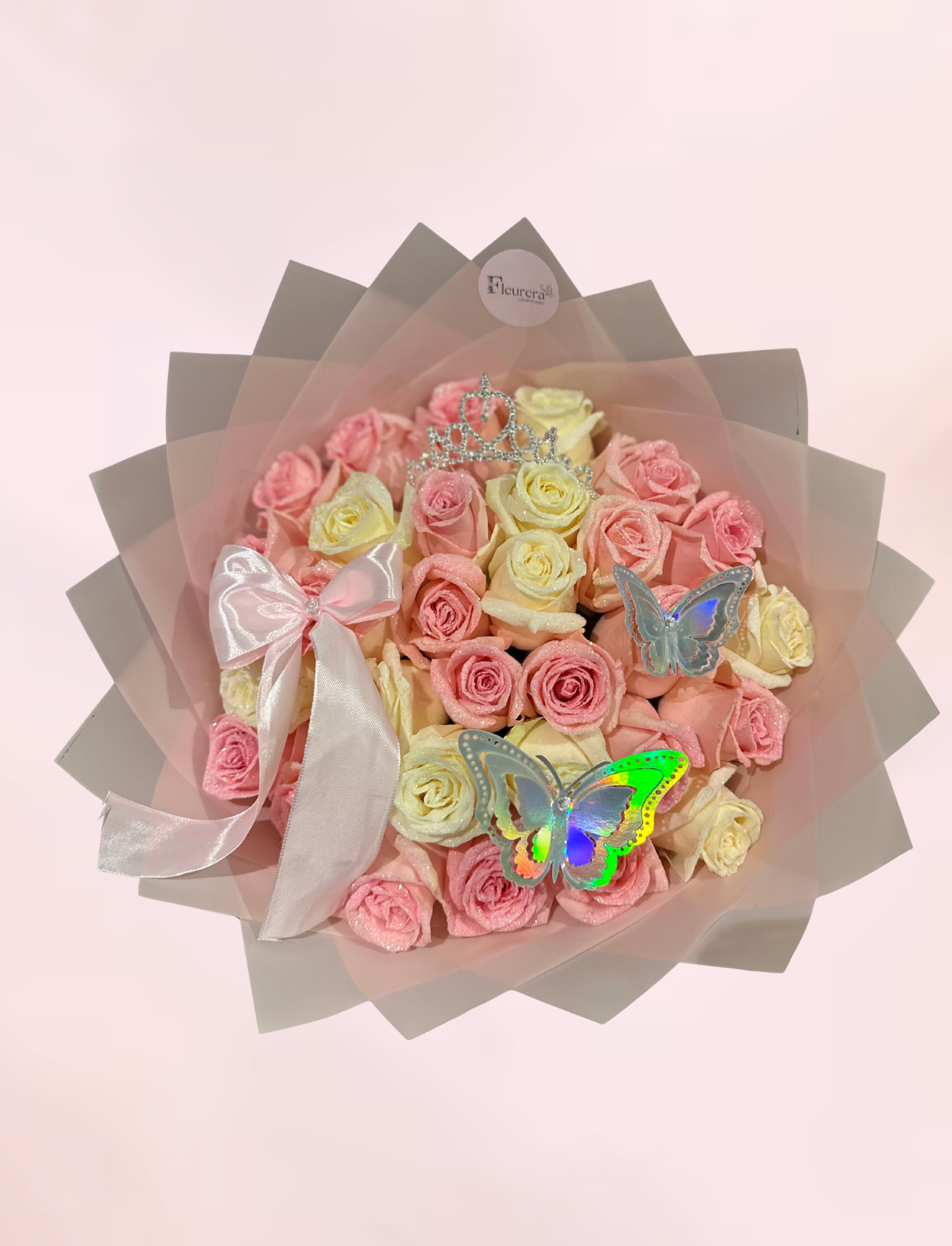 30 Roze en Witte Glitter Rozen met Decoratie