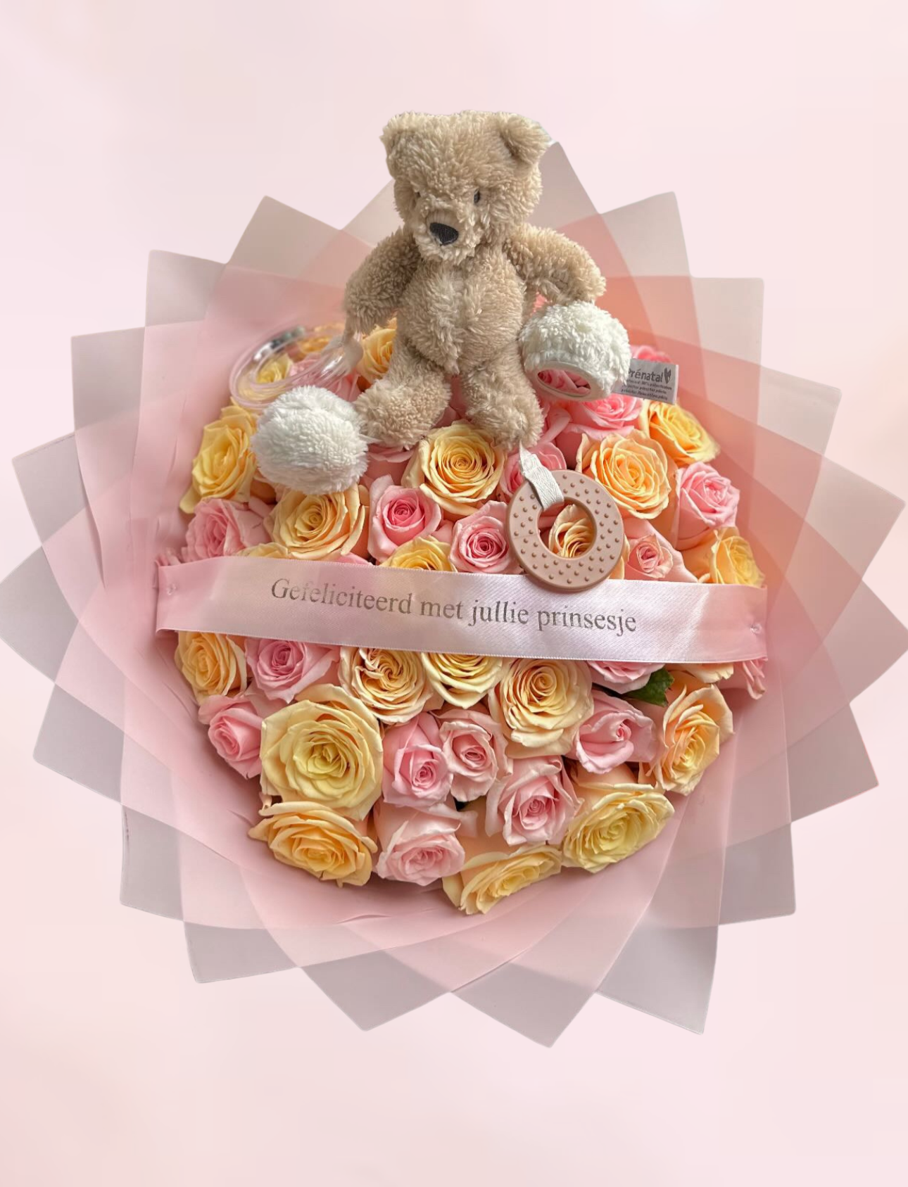 50 Babyshower Roze en Crème Rozen met Teddy en Lint
